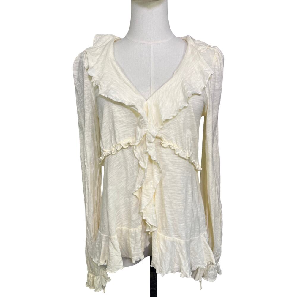 Anthropologie Cream Ruffle Tie Wrist Blouse Women's M Cotton Boho Peplum Top